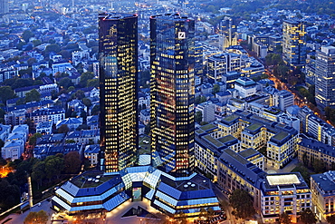 Mirrored twin towers of Deutsche Bank at dusk, Group Headquarters, Frankfurt am Main, Hesse, Germany, Europe