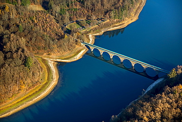 Aerial view, Bridge over Versetalsperre in autumn, Verse, dam, Ludenscheid, Sauerland, Markischer Kreis, North Rhine-Westphalia, Germany, Europe