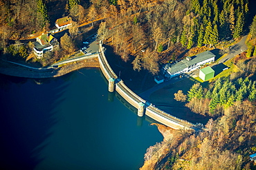 Aerial view, Dam wall, Furwiggetalsperre, Meinerzhagen, Sauerland, dam, North Rhine-Westphalia, Germany, Europe