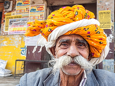 Portrait of an old man with turban and moustache, Ranthambore, Rajasthan, India, Asia