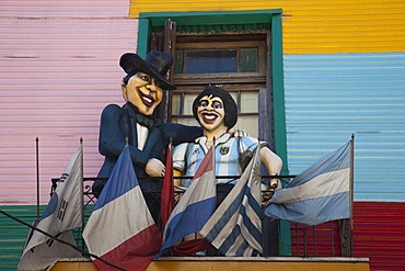 Typical colourful house in the La Boca neighbourhood with a figure of footballer Diego Maradona, Buenos Aires, Argentina, South America