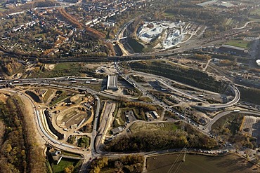 Aerial view, Autobahn A40, motorway, federal road B1, roadworks, slip road Stahlhausen, junction Donezk-Ring, Bochum, Ruhr Area, North Rhine-Westphalia, Germany, Europe