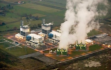 Aerial view, Trianel gas turbine power plant in Hamm-Uentrop, Ruhr area, North Rhine-Westphalia, Germany, Europe