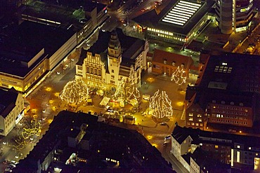 Aerial view, Nikolausmarkt Christmas market at the city hall at night, Gladbeck, Ruhr area, North Rhine-Westphalia, Germany, Europe