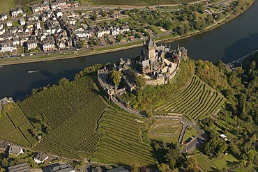 Aerial view, Cochem Imperial castle, Moselle River, Cochem, Eifel mountain range, Rhineland-Palatinate, Germany, Europe