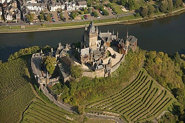 Aerial view, Cochem Imperial castle, Moselle River, Cochem, Eifel mountain range, Rhineland-Palatinate, Germany, Europe