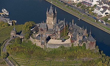 Aerial view, Cochem Imperial castle, Moselle River, Cochem, Eifel mountain range, Rhineland-Palatinate, Germany, Europe