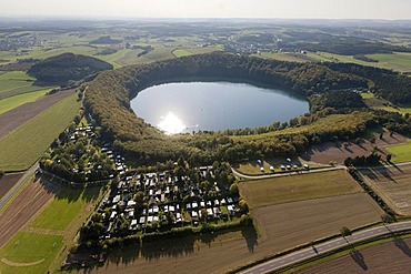 Aerial view, Gillenfeld, Pulvermaar, volcanic lake, camping ground, Eifel mountain range, Rhineland-Palatinate, Germany, Europe