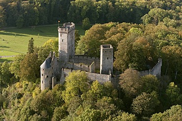 Aerial view, Kasselburg castle, an animal park for eagles and wolfs, Pelm, Eifel mountain range, Rhineland-Palatinate, Germany, Europe