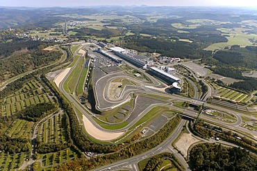 Aerial view, Nuerburgring race track, Muellenbach, Eifel mountain range, Rhineland-Palatinate, Germany, Europe