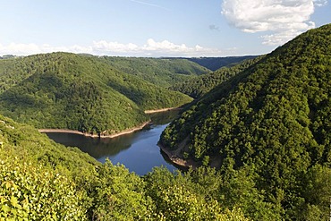 Impoundment hydroelectric dam of Aigle, Dordogne valley from Gratte Gruyere viewpoint, Ajustants road, Correze, Limousin, France, Europe