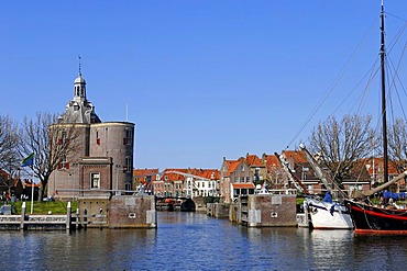 Defence tower, Dromedaris and ships in the harbour, Enkhuizen, North Holland, Holland, Netherlands, Europe