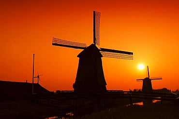 Windmills at Sunset, Schermerhorn, Schermer, North Holland, Holland, Netherlands, Europe