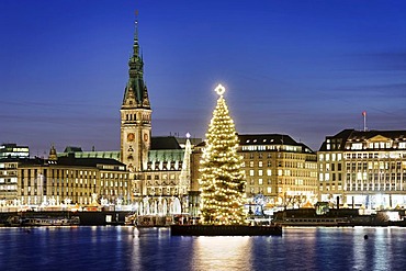 Binnenalster or Inner Alster Lake at Christmas time with Alster fir tree and city hall, Hamburg, Germany, Europe