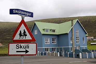 School with a warning sign, Faroe Islands, island group in the North Atlantic, Denmark, Northern Europe