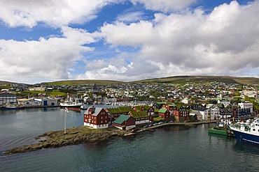 Torshavn on Streymoy, capital of the Faroe Islands, with the red houses of the island administration at the front, group of islands in the North Atlantic, Denmark, Northern Europe