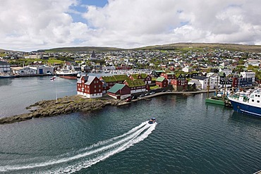 Torshavn on Streymoy, capital of the Faroe Islands, with the red houses of the island administration at the front, group of islands in the North Atlantic, Denmark, Northern Europe