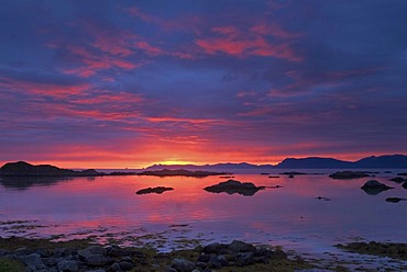 A spectacular sunrise above the Norwegian Sea seen from Langenes near Sto, Sto, at the tip of the island of Langoya, Langoya, part of the archipelago of VesterÃ‚len, Vesteralen, Nordland, Norway, Europe