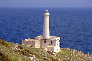 Capo Otranto lighthouse in front of the Mediterranean Sea, Puglia, Apulia, Italy, Europe