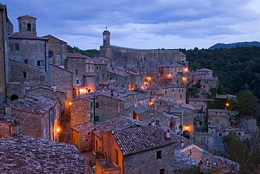 The tufa town of Sorano at the blue hour, Tuscany, Italy, Europe