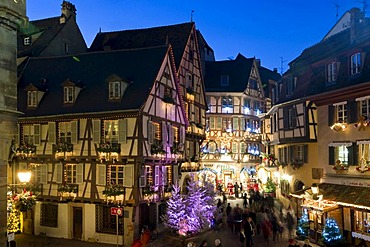 Dusk, Christmassy and wintery Colmar, Alsace, France, Europe