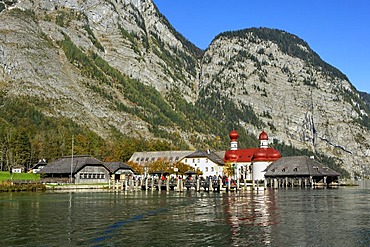 St. Bartholomae church, Lake Koenigsee, Berchtesgadener Land country, Upper Bavaria, Germany, Europe