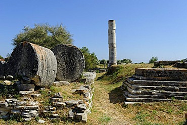 Single column of the Dipteros, excavations of the Heraion or sanctuary to the goddess Hera, UNESCO World Heritage Site, Samos island, southern Sporades, Aegean sea, Greece, Europe