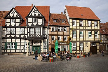 Half-timbered houses on Schlossberg street, Quedlinburg, UNESCO World Heritage Site, Harz area, Saxony-Anhalt, Germany, Europe