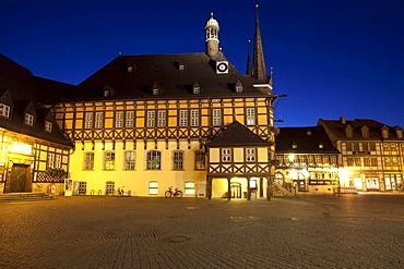 Illuminated town hall in the market square at dusk, Wernigerode, Harz area, Saxony-Anhalt, Germany, Europe, PublicGround