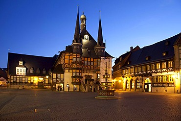 Illuminated town hall in the market square at dusk, Wernigerode, Harz area, Saxony-Anhalt, Germany, Europe, PublicGround