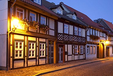 Half-timbered houses at dusk, Gruene Strasse street, Wernigerode, Harz area, Saxony-Anhalt, Germany, Europe