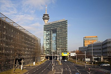 Voelklinger Strasse road with Stadttor building and Rheinturm tower, Medienhafen, Duesseldorf, state capital, Rhineland, North Rhine-Westphalia, Germany, Europe