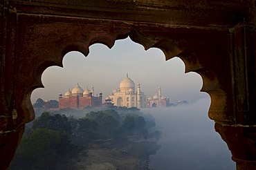 Taj Mahal, UNESCO World Heritage Site, arising out of the morning fog over river Yamuna, Agra, Uttar Pradesh, India, Asia