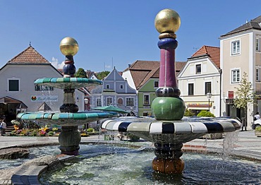 Hundertwasser-Fountain in the main square of Zwettl, Waldviertel Region, Austria, Lower Austria, Austria, Europe