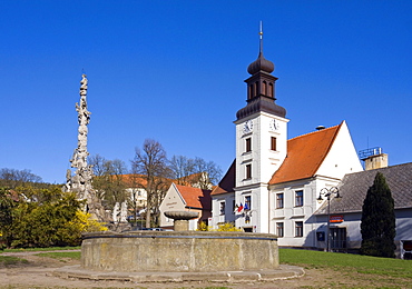 Plague pillar, fountain and town hall, Lomnice, Southern Moravia, Czech Republic, Europe