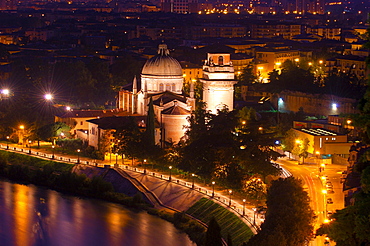 Sant Giorgio in Braida church at night, Adige river, Verona, Veneto, Italy, Europe