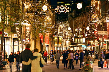 Shopping street in evening, pedestrian area, Meir, city centre of Antwerp, Flanders, Belgium, Europe