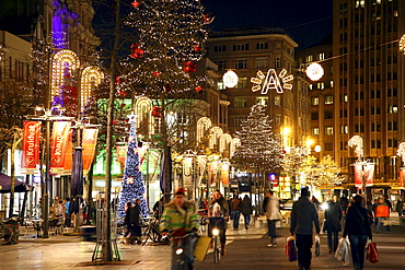 Shopping street in evening, pedestrian area, Meir, city centre of Antwerp, Flanders, Belgium, Europe