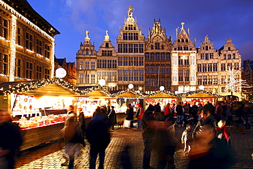 Christmas market at the town hall on Grote Markt, surrounded by old guild houses, historic centre of Antwerp, Flanders, Belgium, Europe