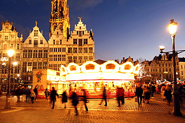 Christmas market at the town hall on Grote Markt, surrounded by old guild houses, historic centre of Antwerp, Flanders, Belgium, Europe