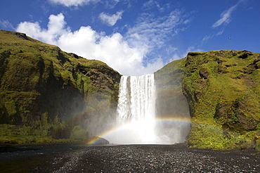 Skogafoss waterfall with rainbow, south coast, Iceland, Europe