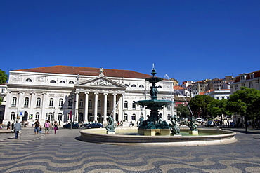 National Theatre, Teatro Nacional with bronze fountain, Praca Dom Pedro IV square, Rossio, Baixa, Lisbon, Portugal, Europe