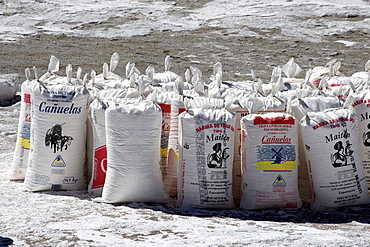 Salt, packed in flour bags, at a salt lake, Atacama Desert, Altiplano, southern Bolivia, South America