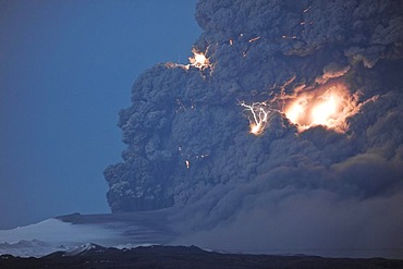 Lightning flashes in a charged cloud of ash from Eyjafjallajoekull Volcano, April 2010, Iceland, Europe