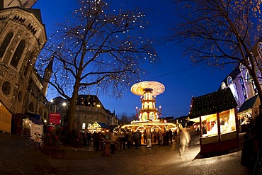 Fisheye view at dusk, Christmas market at Bonner Muenster, Bonn Minster, basilica, cathedral, Muensterplatz square, Bonn, Rhineland, North Rhine-Westphalia, Germany, Europe