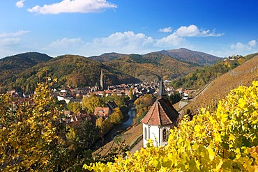 Chapel of St. Urban in the autumnal vineyards of Thann, Alsace, France, Europe