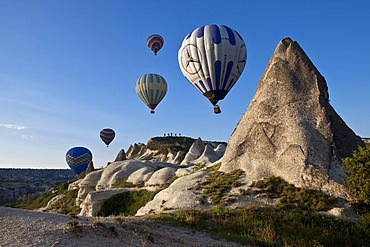 Hot air balloons near Goreme, UNESCO World Heritage Site, Cappadocia, Anatolia, Turkey