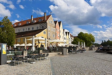 Restaurants along the Lech promenade, Landsberg am Lech, Bavaria, Germany, Europe, PublicGround