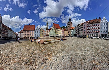 Hauptplatz square, Marienbrunnen fountain and Schmalzturm tower, Landsberg am Lech, Bavaria, Germany, Europe