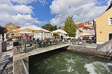 Restaurants along the Lech promenade, Landsberg am Lech, Bavaria, Germany, Europe, PublicGround